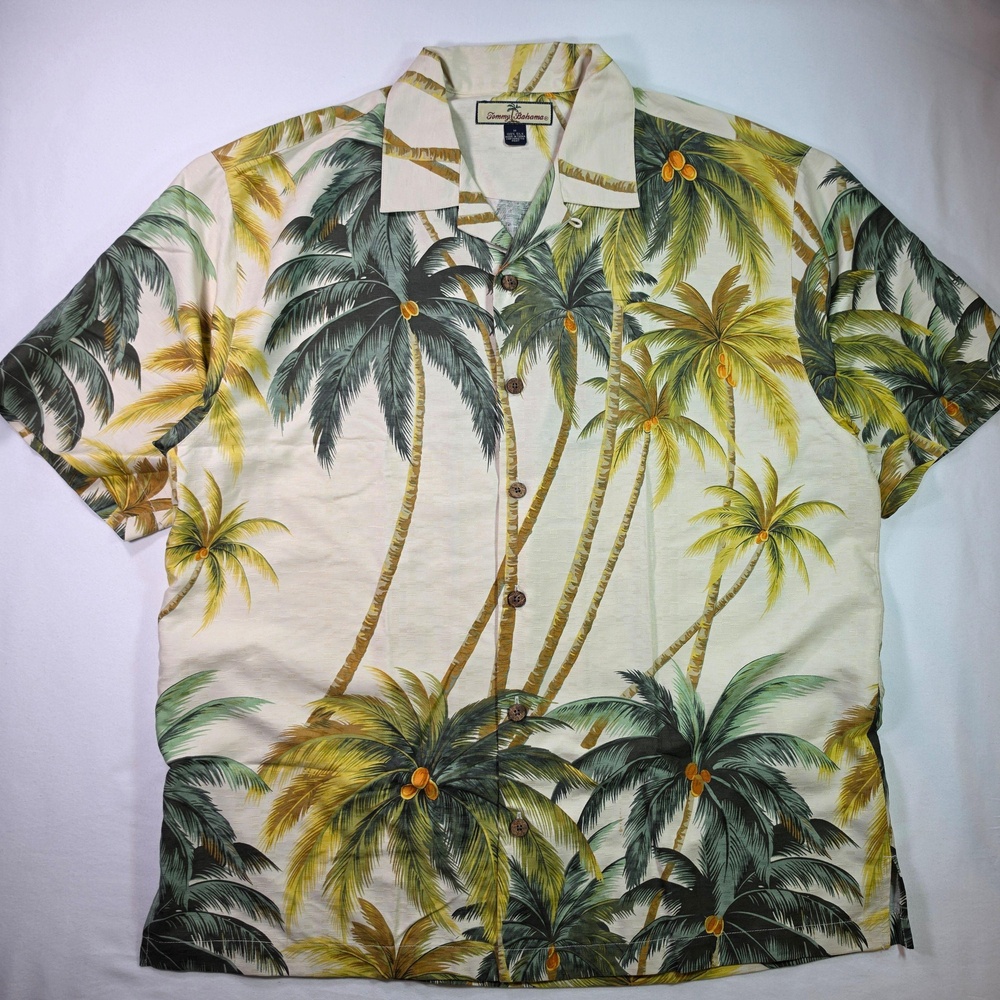Vintage Tommy Bahama Relax Shirt Mens M Cream Silk Palm Tree Tropical Button Up